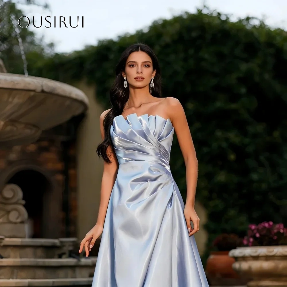 A Line Satin Strapless Long Evening Gowns Floor Length Pleated Prom Dresses Customized vestidos de fiesta
