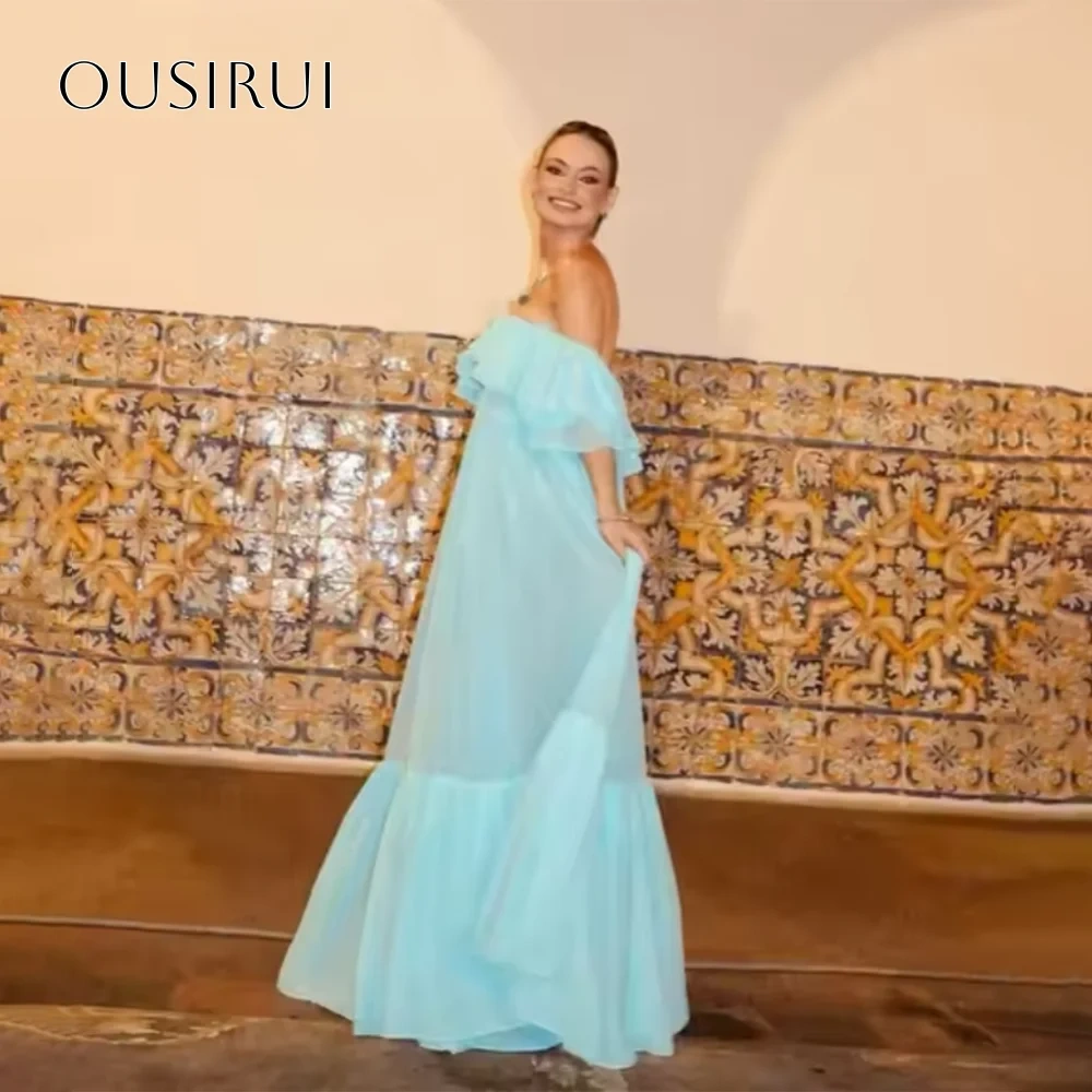 Ruffled Off Shoulder A-line Evening Dress Sleeveless Floor Length Chiffon Customized فساتين حفلة موسيقية
