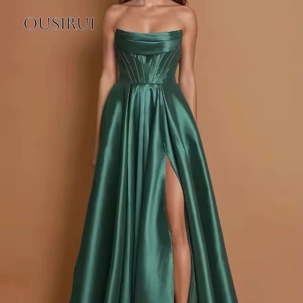 Strapless A-line Evening Dresses Split Floor Length Pleated Satin Sleeveless Customized فساتين حفلة موسيقية