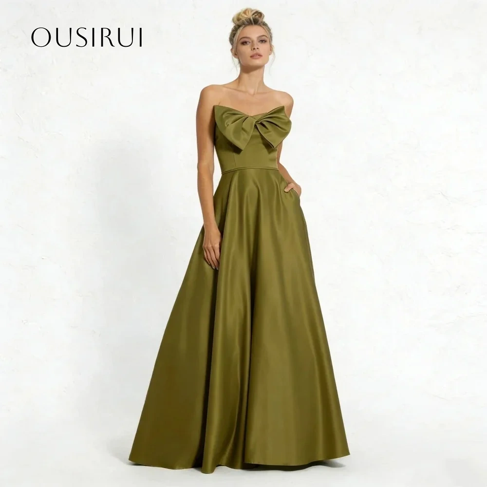 A Line Satin Strapless Bow Evening Gowns Floor Length Prom Dresses Customized vestidos de fiesta