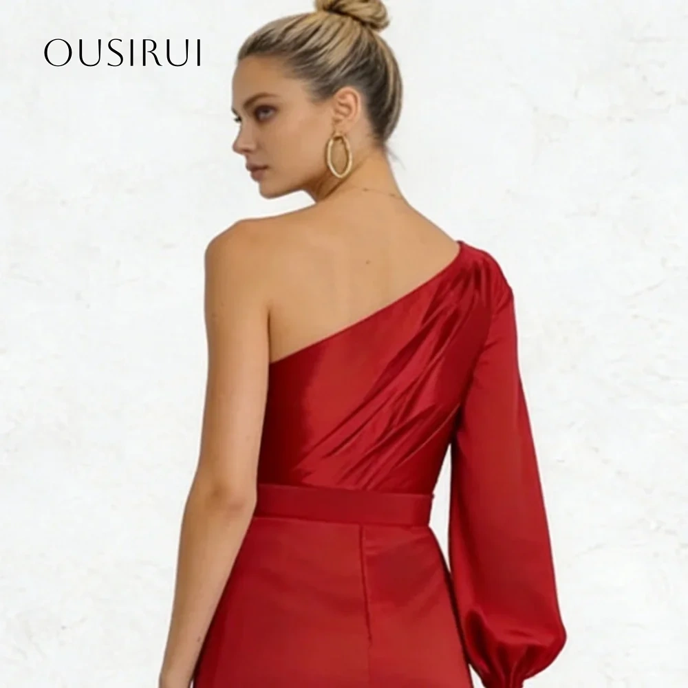 One Shoulder A-line Satin Evening Dresses Pleated High-low Long Sleeve Prom Gown Customized