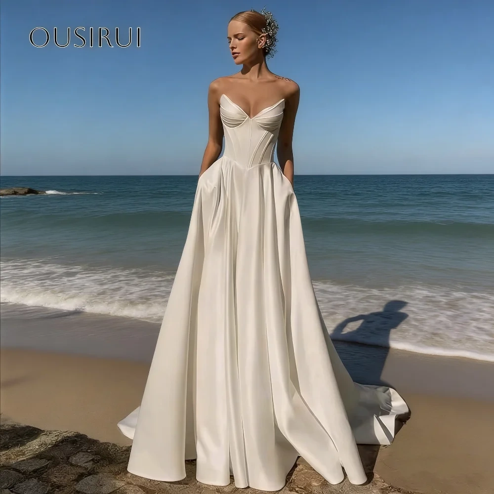 Sweetheart Wedding Dresses A-line Satin Sweep Corset Back Pleated Bridal Dress Vestido De Novia Customized