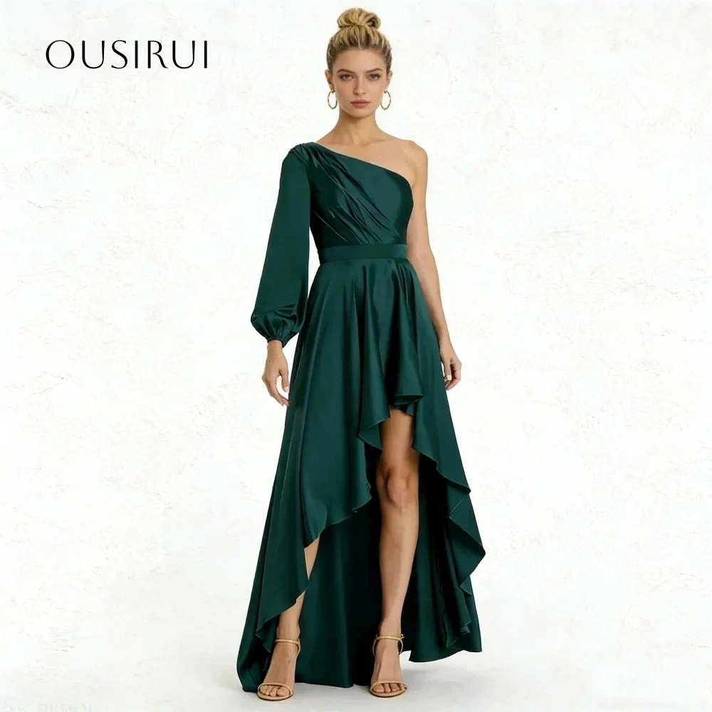 One Shoulder A-line Satin Evening Dresses Pleated High-low Long Sleeve Prom Gown Customized