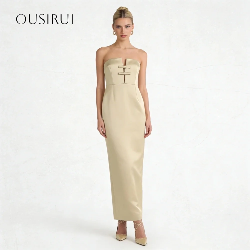 Satin Sheath Strapless Long Evening Gowns Ankle Length Prom Dresses Customized vestidos de fiesta