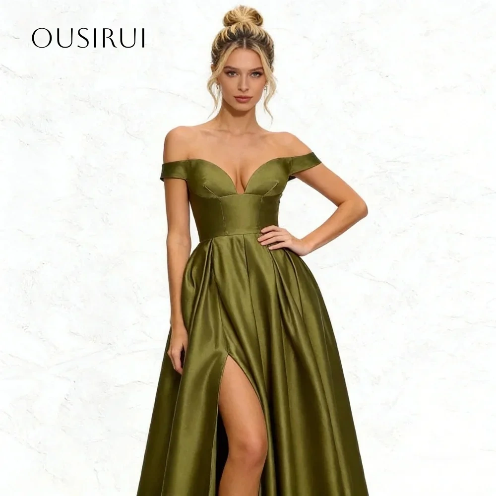 A Line Satin Off Shoulder Evening Gowns Split Corset Floor Length Prom Dresses Customized vestidos de fiesta