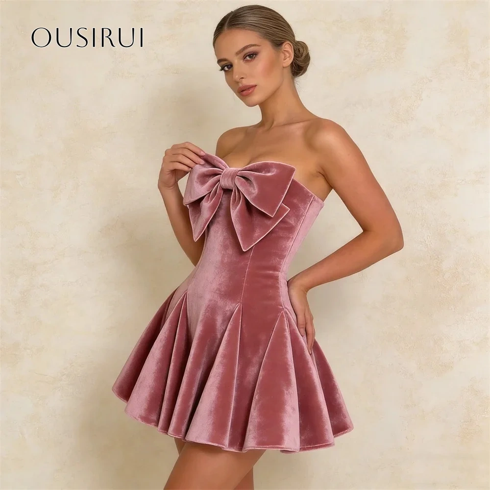 Short A Line Bow Sweetheart Velvet Cocktail Dress Pleated Party Gowns Customized
