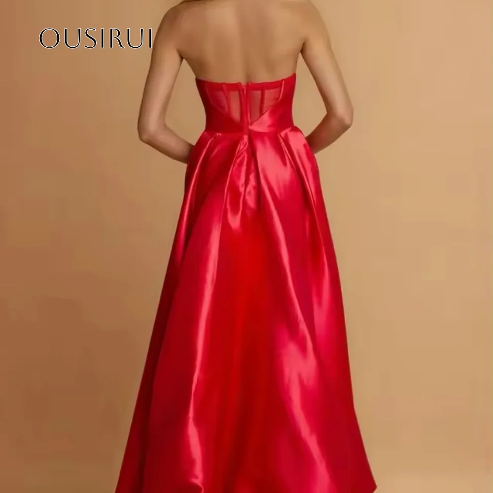 Strapless A-line Evening Dresses Split Floor Length Pleated Satin Sleeveless Customized فساتين حفلة موسيقية