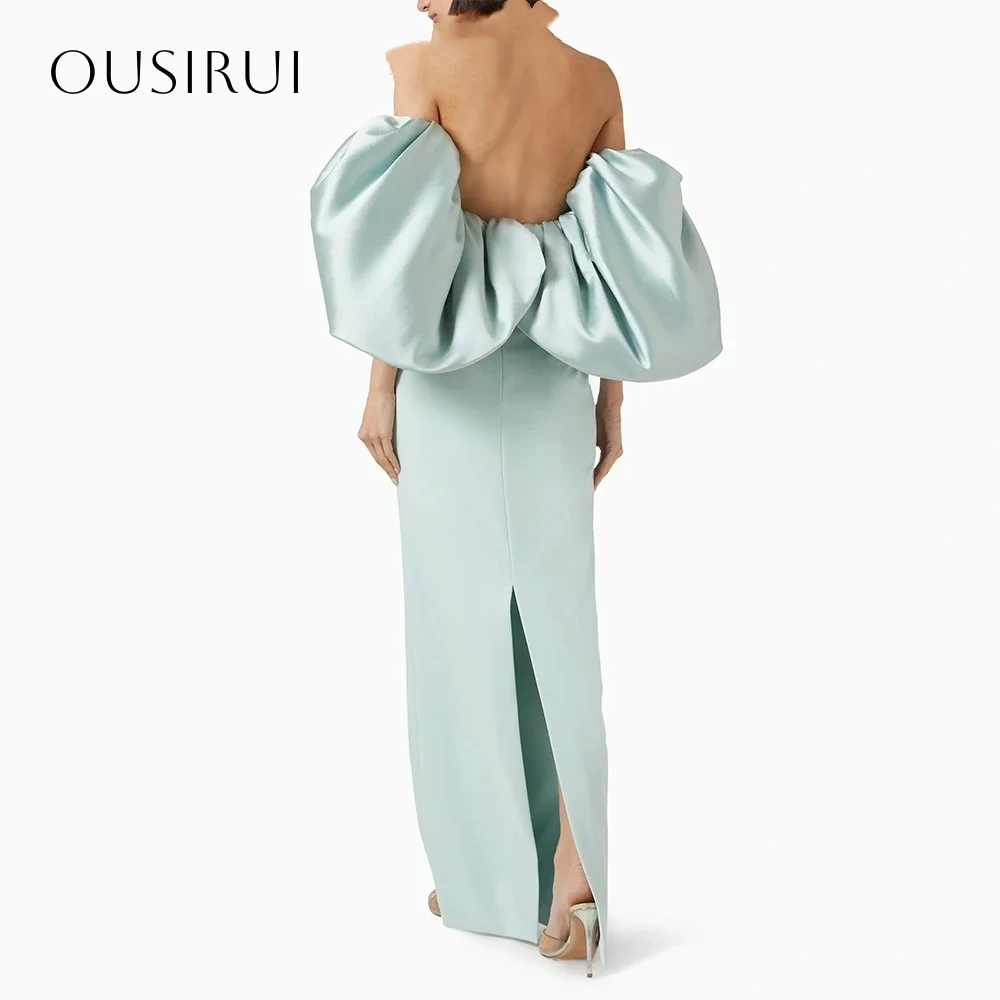 Satin Strapless Puffy Short Sleeves Sheath Evening Dresses Ankle Length Split  Prom Dresses Customized vestidos de fiestah