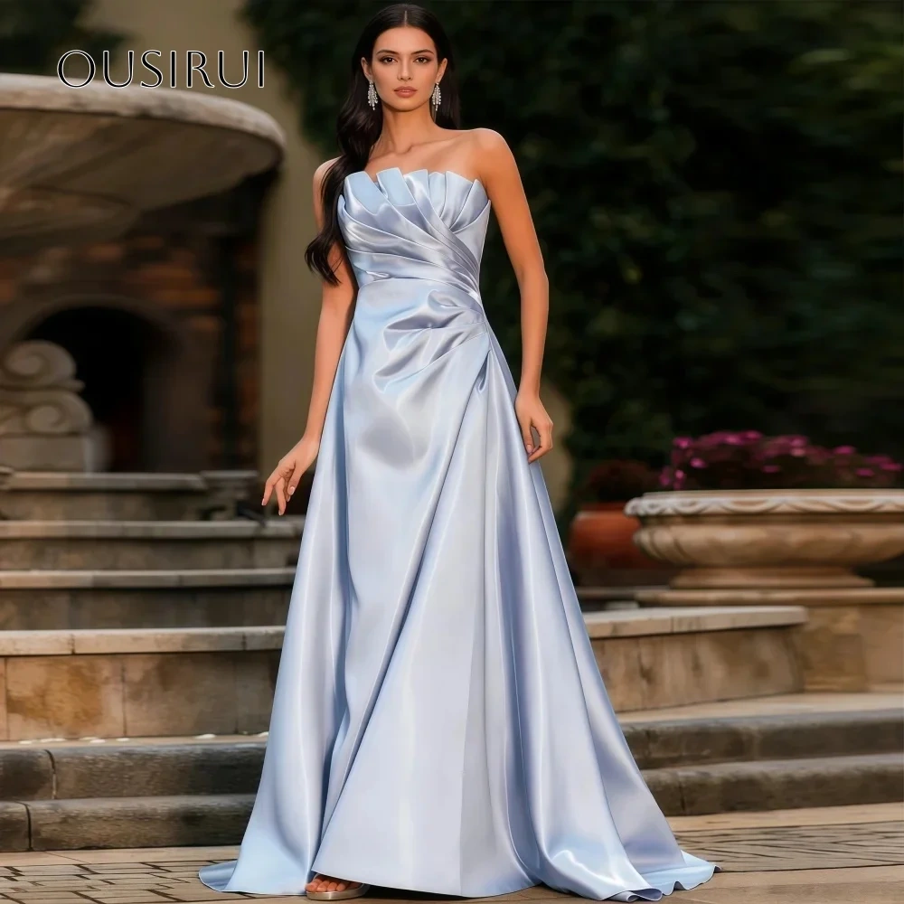 A Line Satin Strapless Long Evening Gowns Floor Length Pleated Prom Dresses Customized vestidos de fiesta