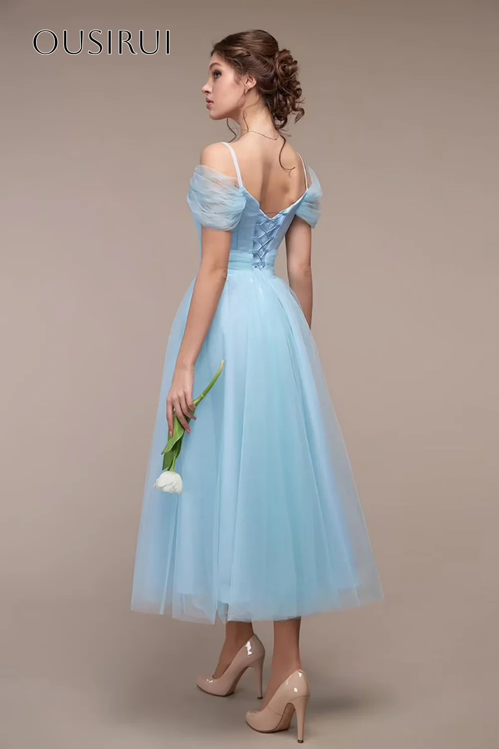 Off Shoulder A-line Evening Dresses Tea Length Corset Back Sleeveless Customized Party Gowns  فساتين ال
