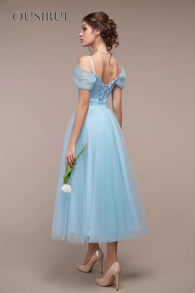 Off Shoulder A-line Evening Dresses Tea Length Corset Back Sleeveless Customized Party Gowns  فساتين ال