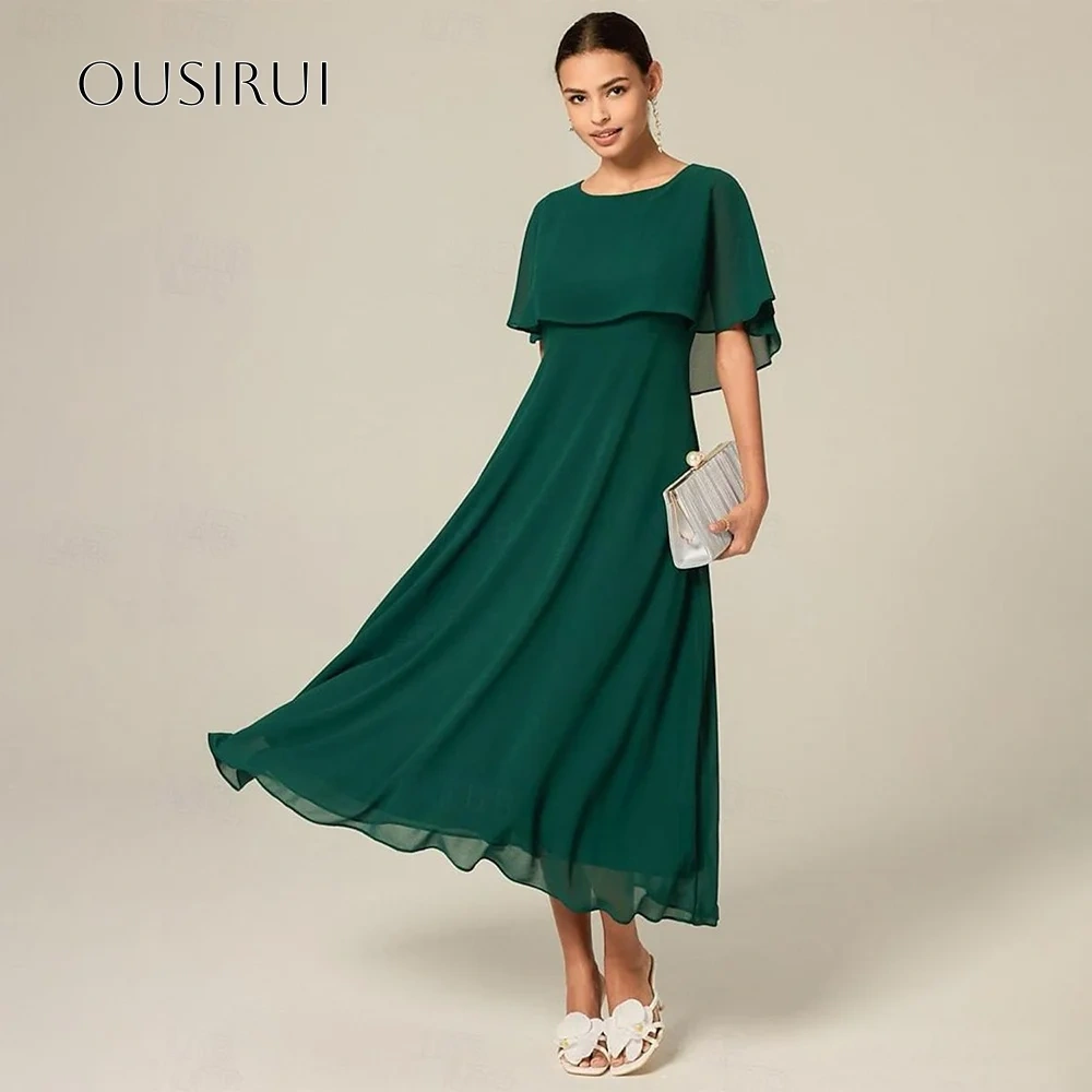 O-neck Pleated A-line Evening Dresses Wrap Sleeveless Tea Length Prom Dresses Chiffon Customized