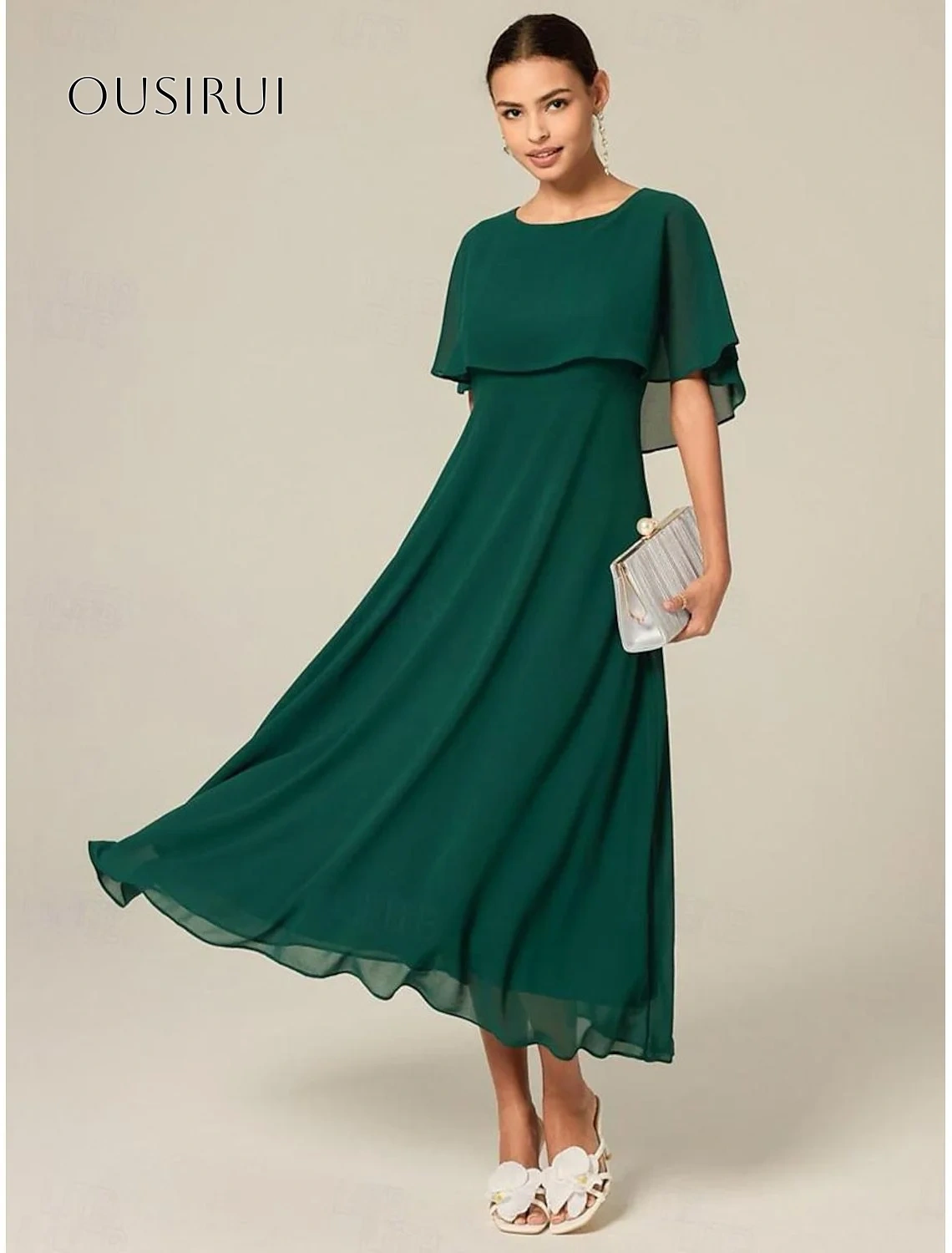 O-neck Pleated A-line Evening Dresses Wrap Sleeveless Tea Length Prom Dresses Chiffon Customized