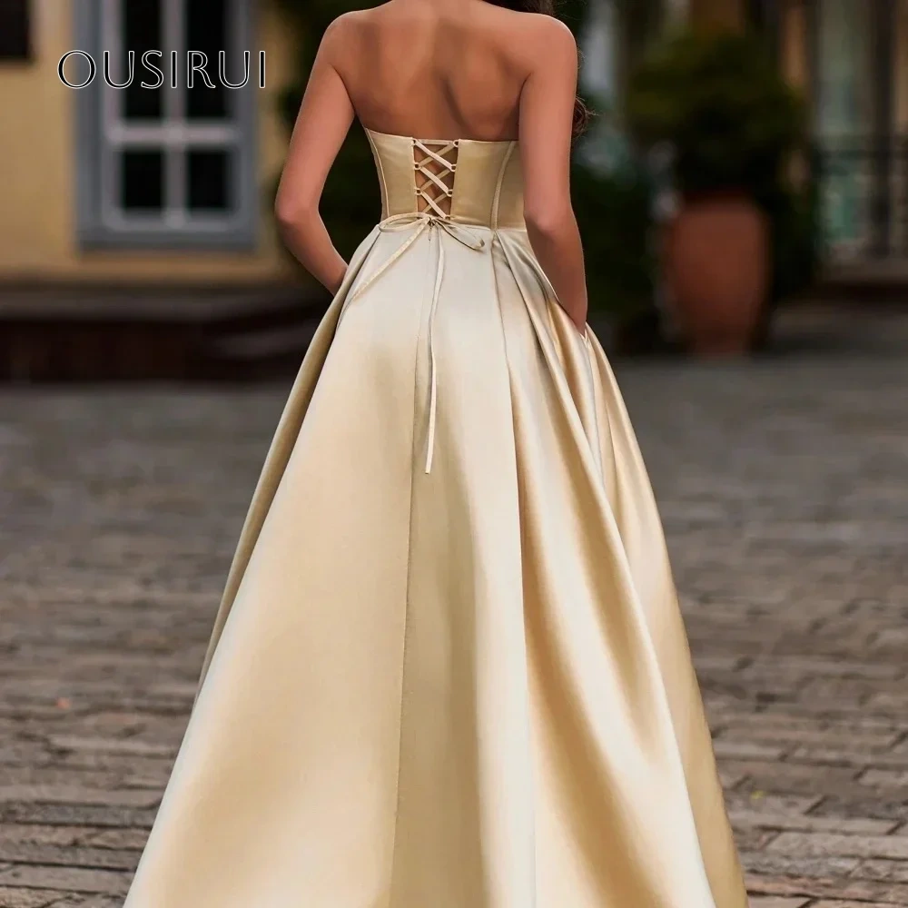 A Line Satin Sweetheart Sequined Evening Gowns Pockets Corset Prom Dresses Customized vestidos de fiesta