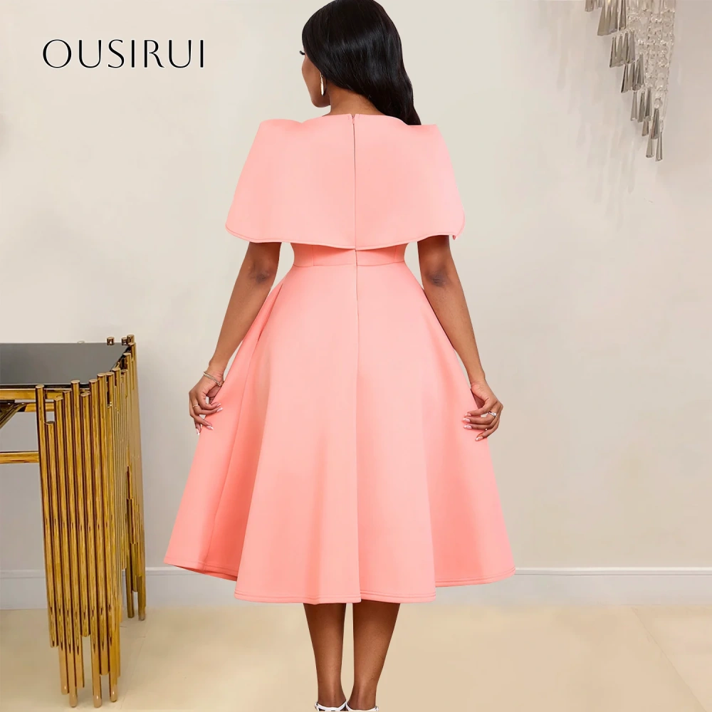 Satin A Line O-neck Wrap Short Sleeves Cocktail Dress Pleated Tea Length Party Gowns Customized