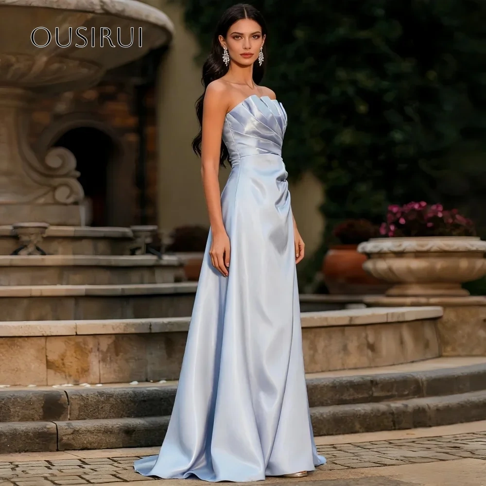 A Line Satin Strapless Long Evening Gowns Floor Length Pleated Prom Dresses Customized vestidos de fiesta