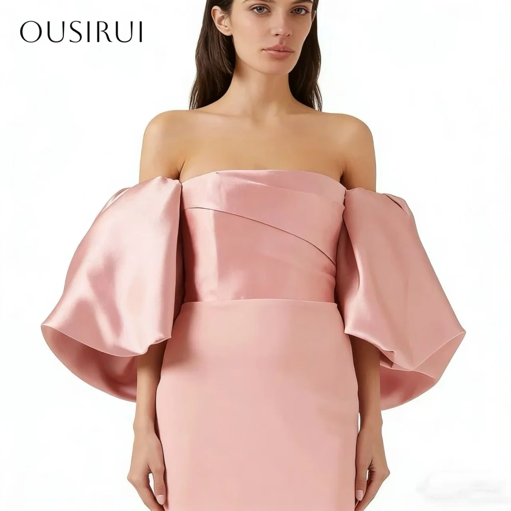 Satin Strapless Puffy Short Sleeves Sheath Evening Dresses Ankle Length Split  Prom Dresses Customized vestidos de fiestah