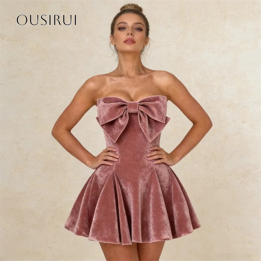 Short A Line Bow Sweetheart Velvet Cocktail Dress Pleated Party Gowns Customized