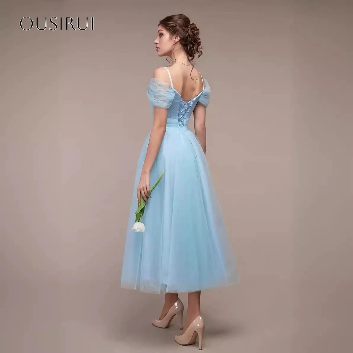 Off Shoulder A-line Evening Dresses Tea Length Corset Back Sleeveless Customized Party Gowns  فساتين ال