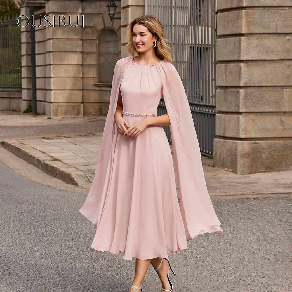 O-neck Chiffon A Line Beaded Sash Long Sleeves Cocktail Dress Tea Length Party Gowns Customized