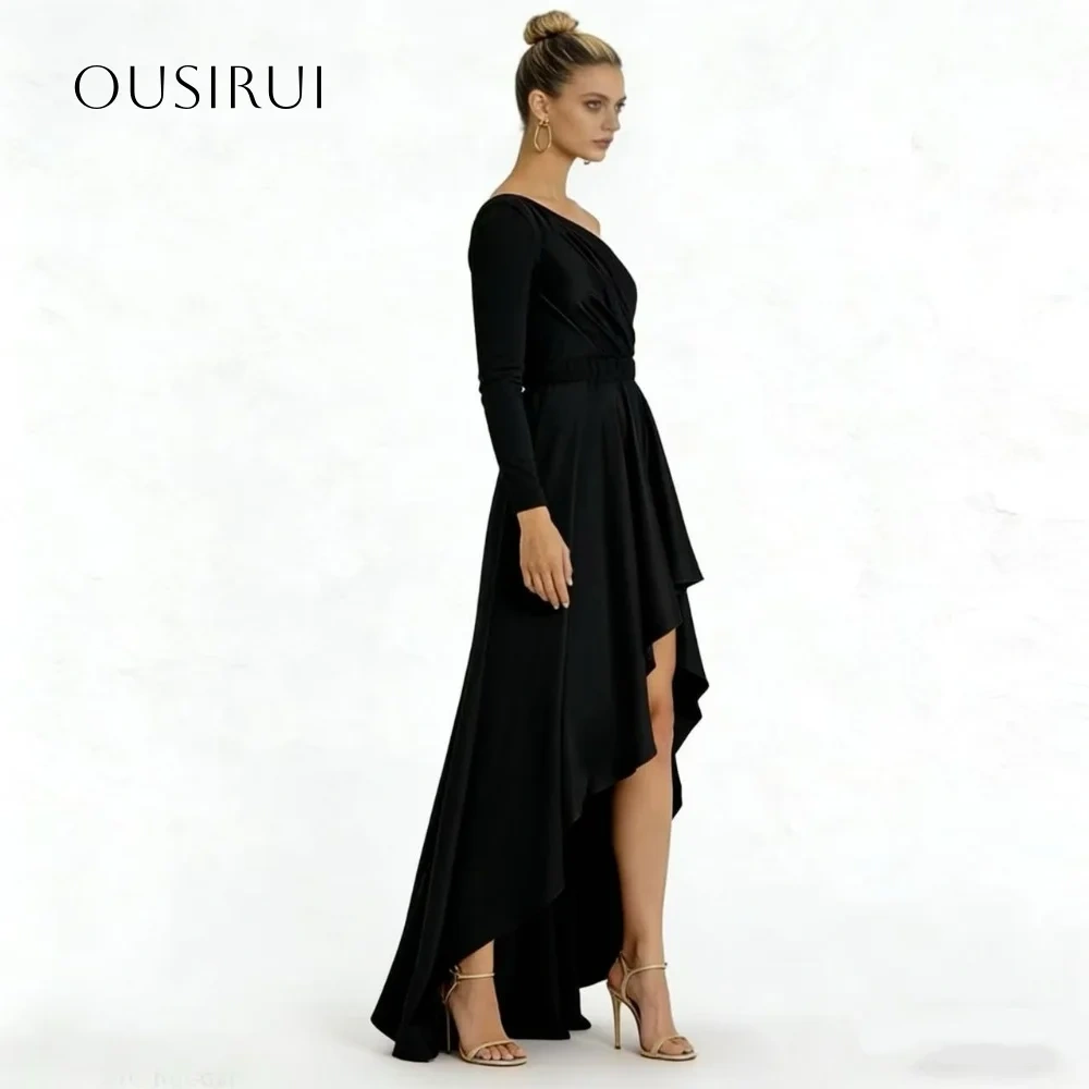 One Shoulder A-line Satin Evening Dresses Pleated High-low Long Sleeve Prom Gown Customized