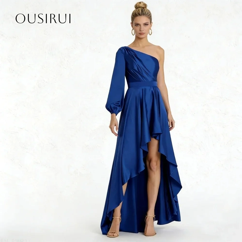One Shoulder A-line Satin Evening Dresses Pleated High-low Long Sleeve Prom Gown Customized
