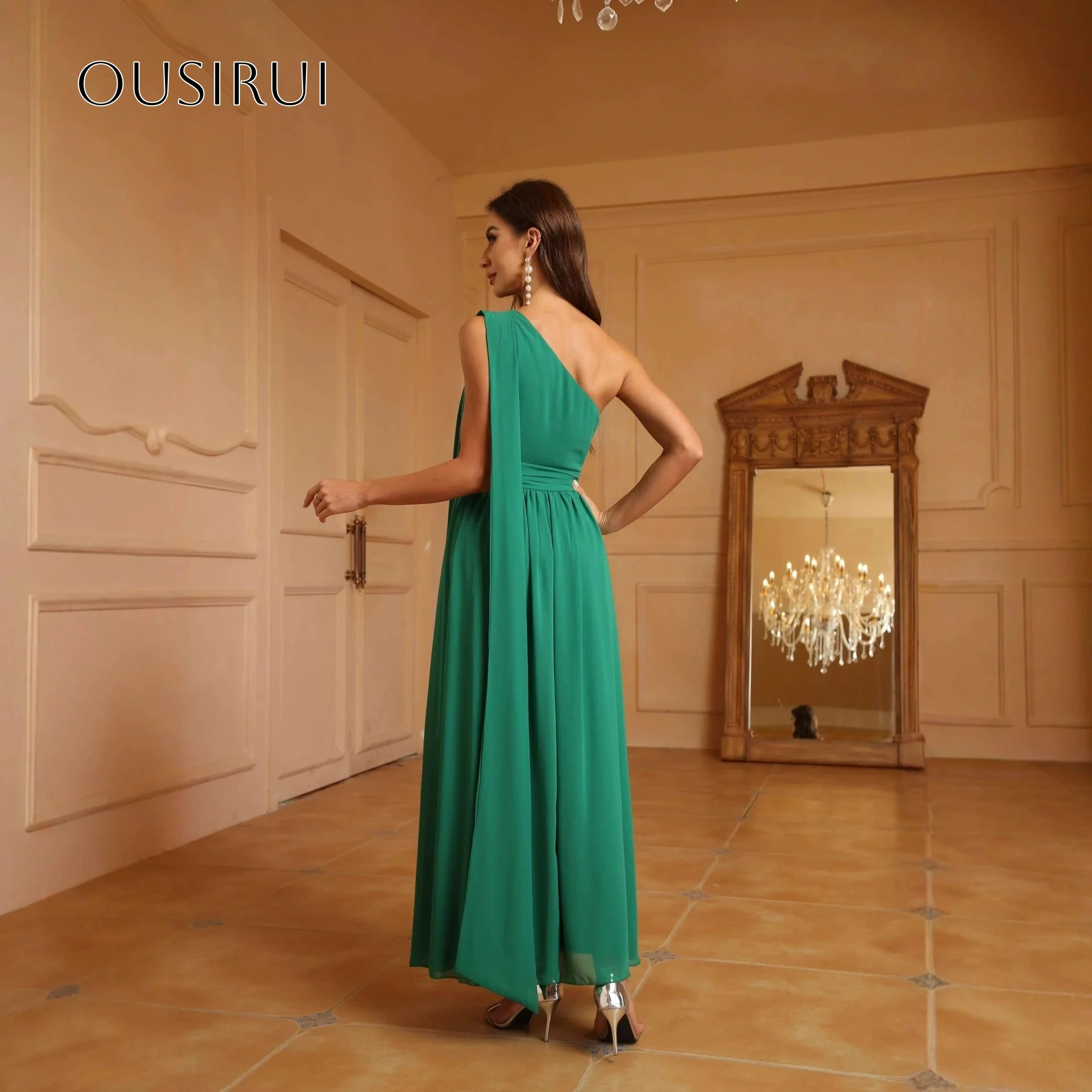 One Shoulder Pleated A-line Evening Dresses Sleeveless Prom Gown Ankle Length Chiffon Customized