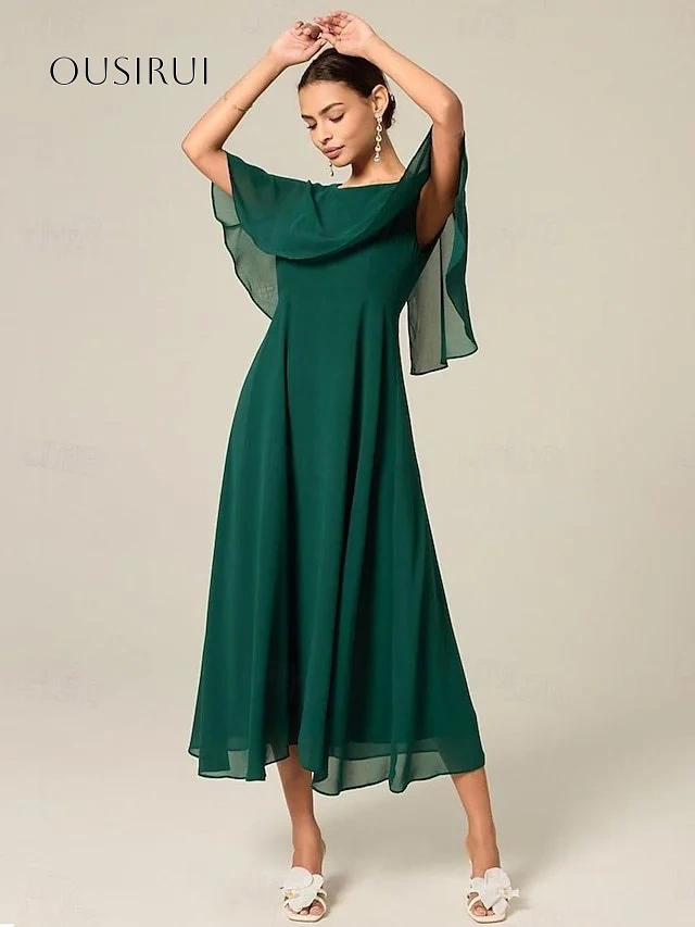 O-neck Pleated A-line Evening Dresses Wrap Sleeveless Tea Length Prom Dresses Chiffon Customized