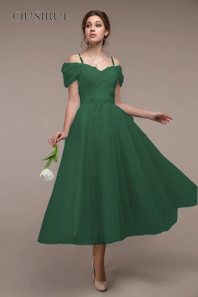 Off Shoulder A-line Evening Dresses Tea Length Corset Back Sleeveless Customized Party Gowns  فساتين ال