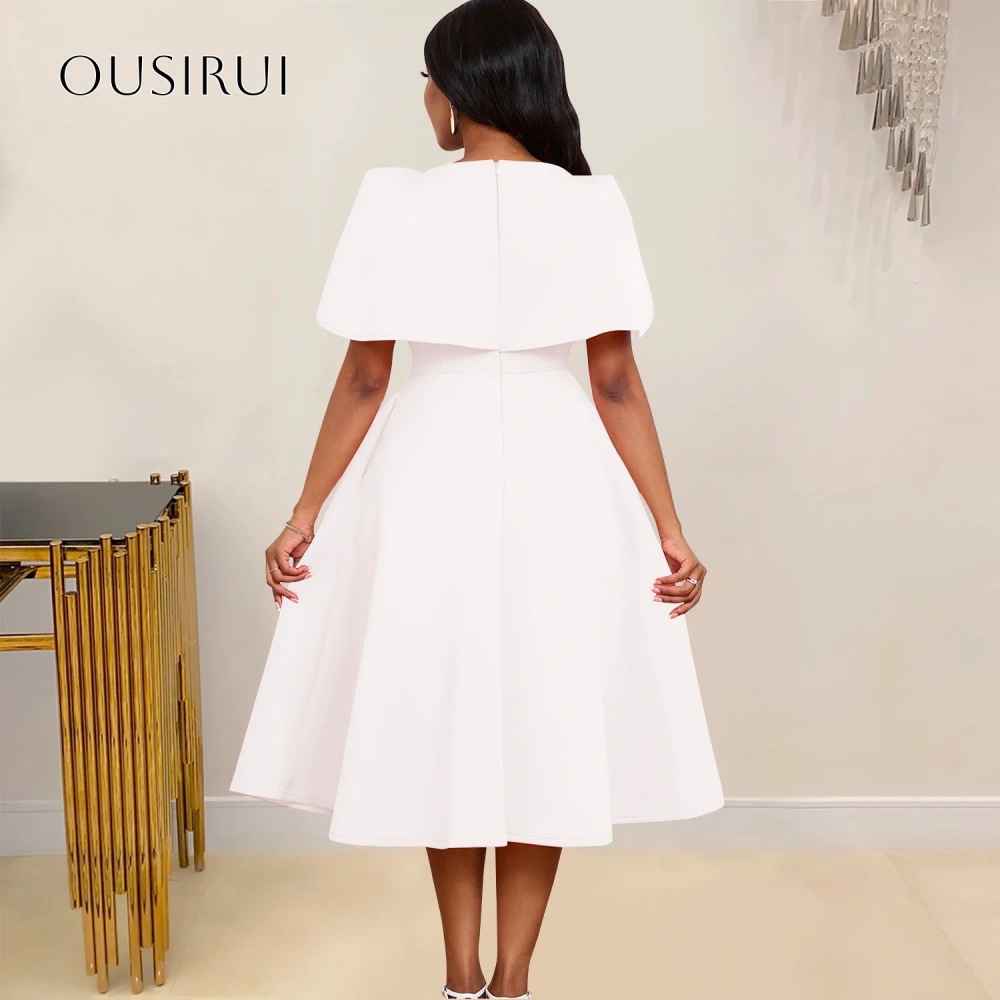 Satin A Line O-neck Wrap Short Sleeves Cocktail Dress Pleated Tea Length Party Gowns Customized