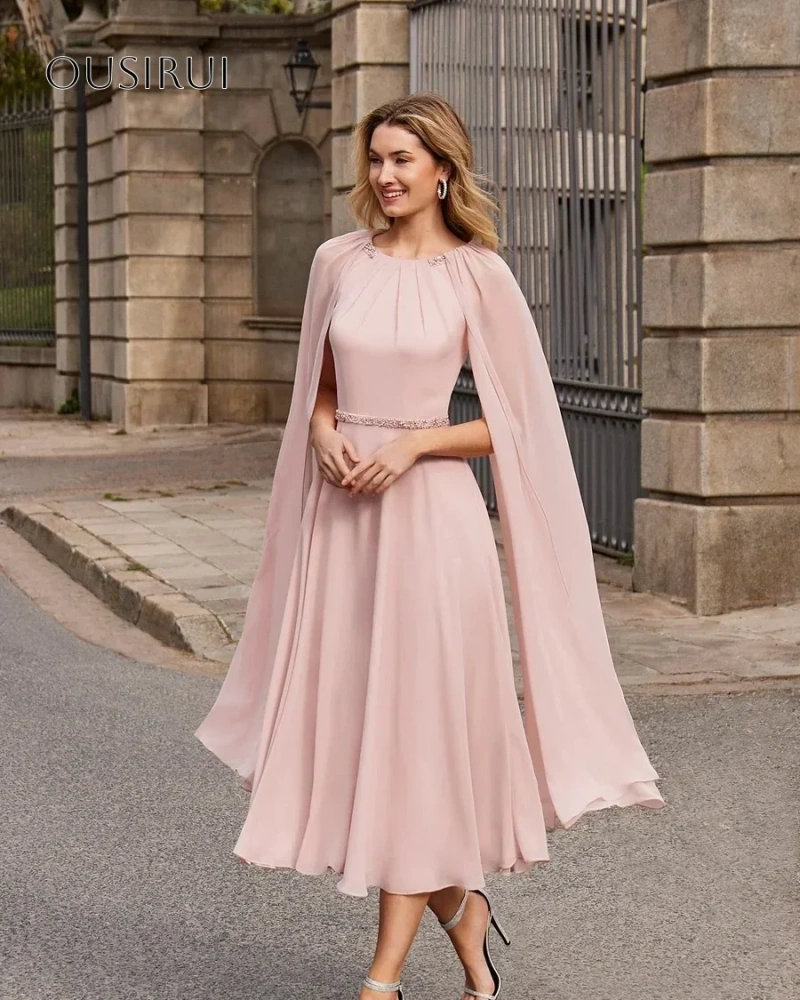 O-neck Chiffon A Line Beaded Sash Long Sleeves Cocktail Dress Tea Length Party Gowns Customized