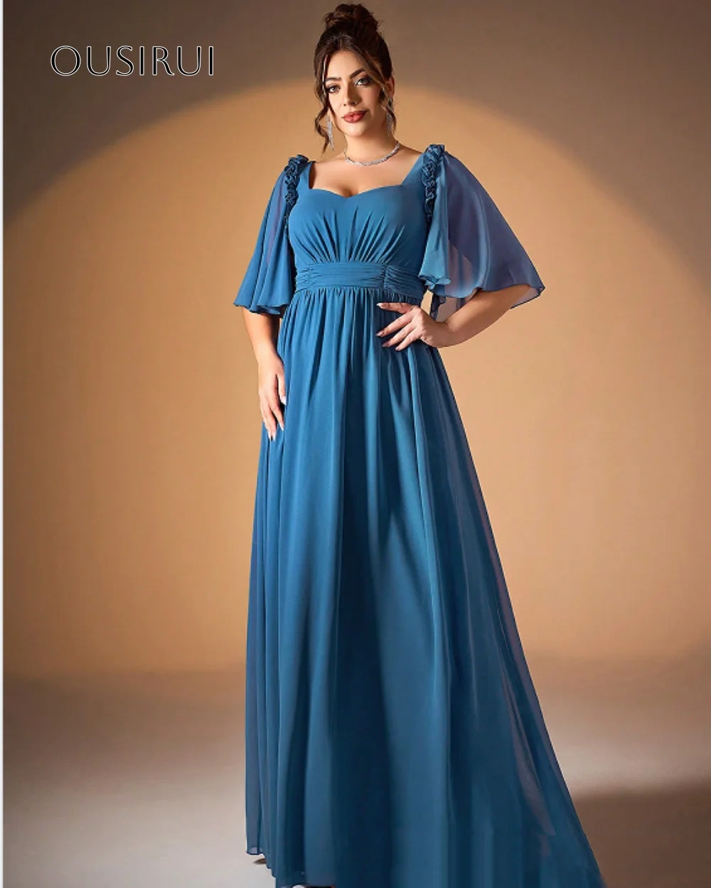 Ruffled Sweetheart A-line Evening Dress Puffy Half Sleeves Floor Length Chiffon Customized فساتين حفلة موسيقية