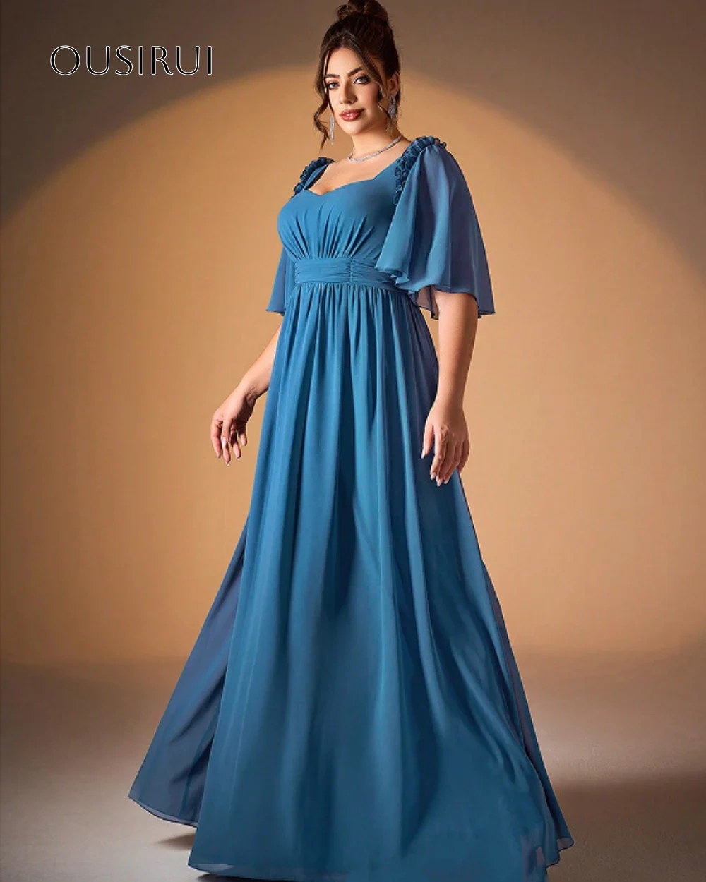 Ruffled Sweetheart A-line Evening Dress Puffy Half Sleeves Floor Length Chiffon Customized فساتين حفلة موسيقية