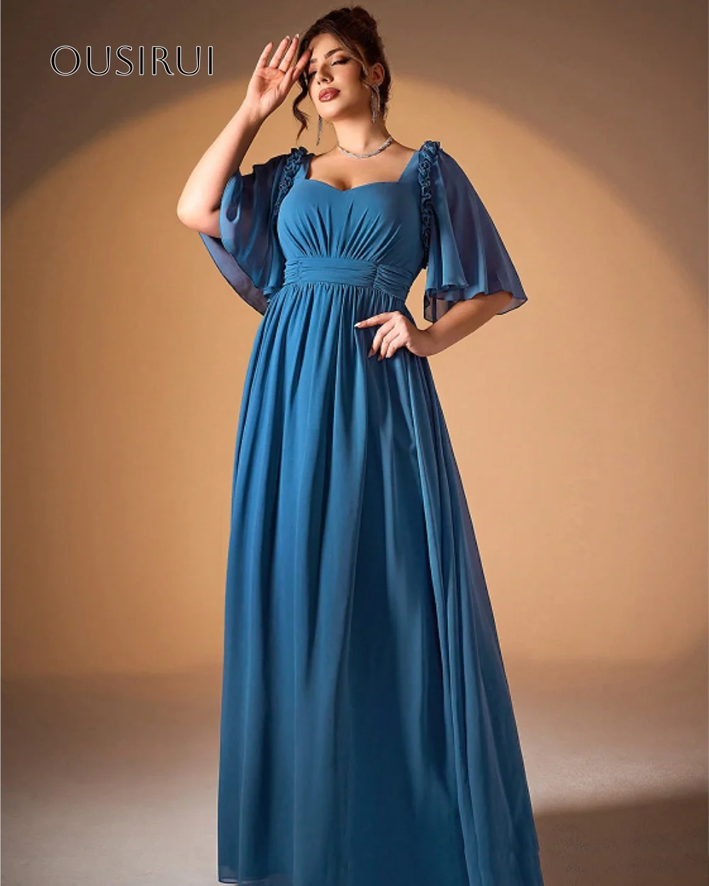 Ruffled Sweetheart A-line Evening Dress Puffy Half Sleeves Floor Length Chiffon Customized فساتين حفلة موسيقية