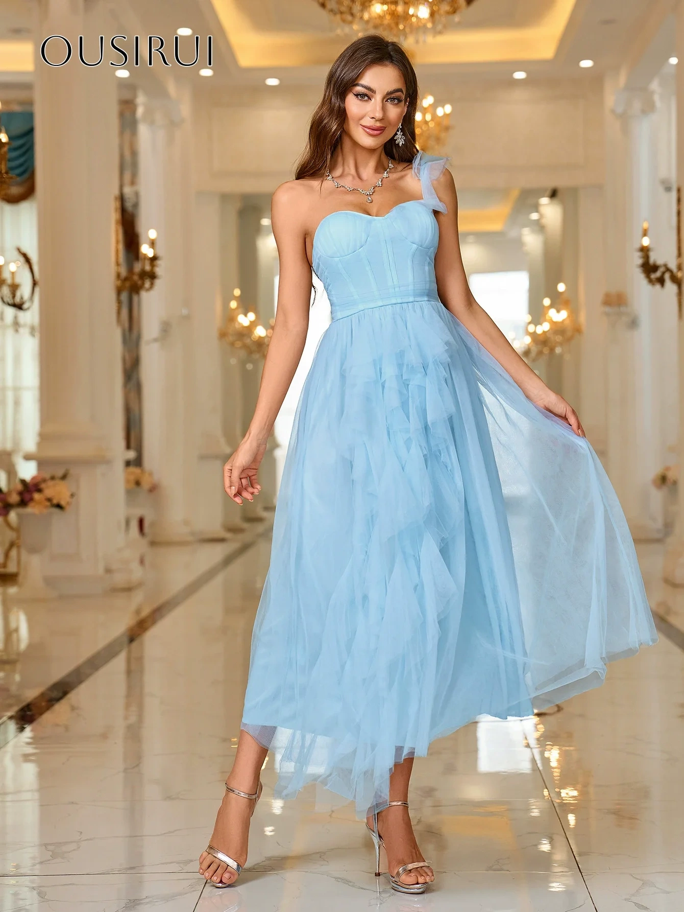 One Shoulder Evening Dresses Ruffled Tulle Tea Length Corset Back Sleeveless Customized Party Gowns  فساتين ال