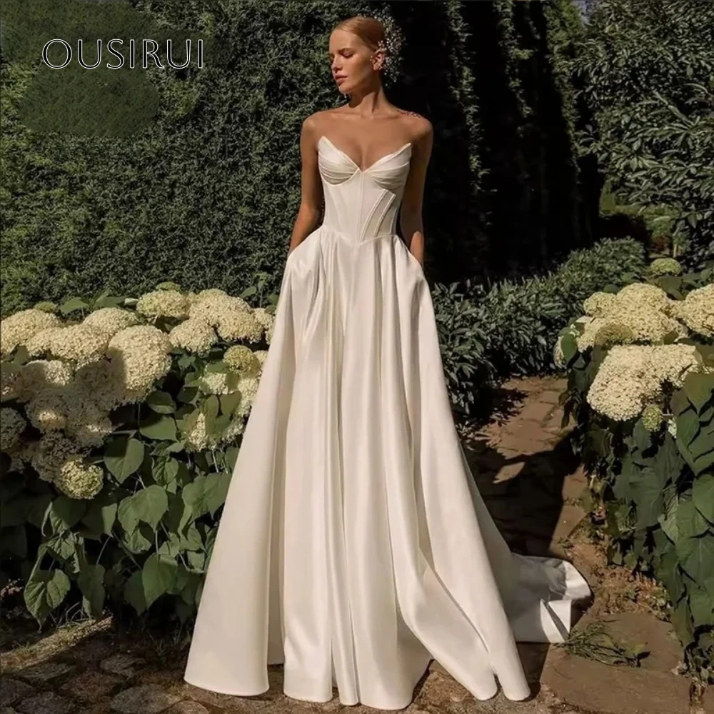 Sweetheart Wedding Dresses A-line Satin Sweep Corset Back Pleated Bridal Dress Vestido De Novia Customized