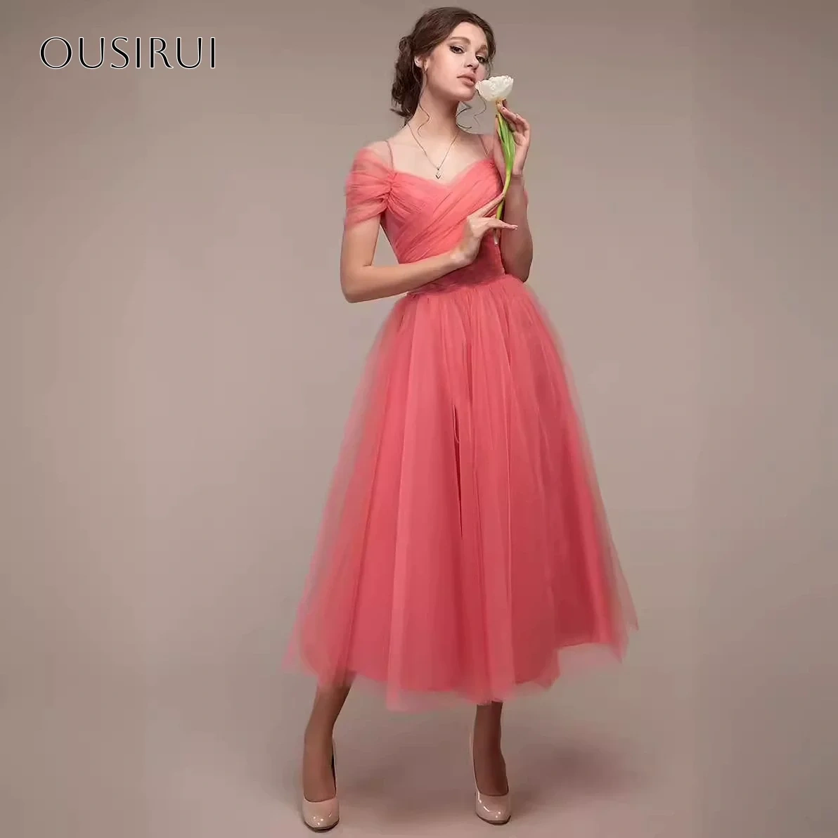 Off Shoulder A-line Evening Dresses Tea Length Corset Back Sleeveless Customized Party Gowns  فساتين ال