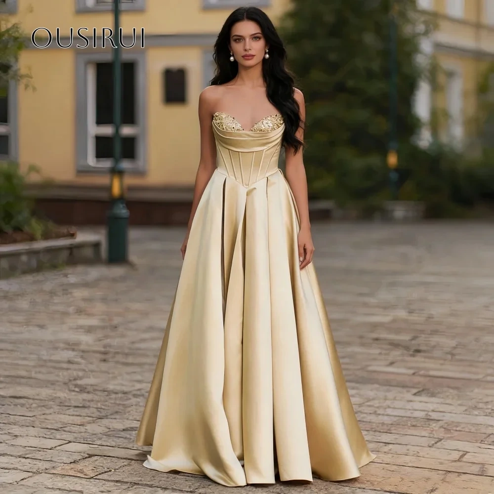 A Line Satin Sweetheart Sequined Evening Gowns Pockets Corset Prom Dresses Customized vestidos de fiesta