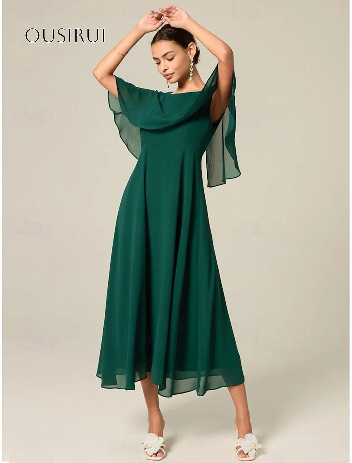 O-neck Pleated A-line Evening Dresses Wrap Sleeveless Tea Length Prom Dresses Chiffon Customized