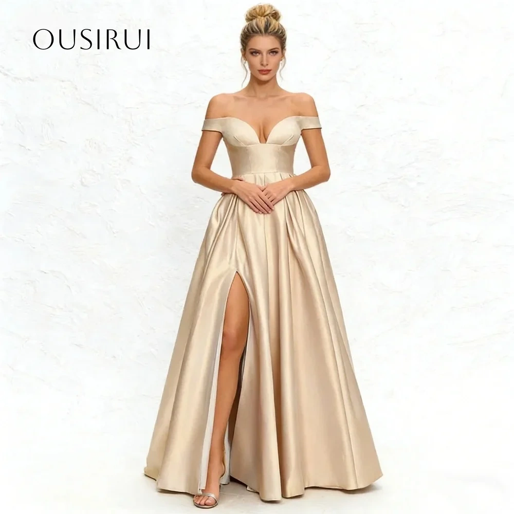 A Line Satin Off Shoulder Evening Gowns Split Corset Floor Length Prom Dresses Customized vestidos de fiesta