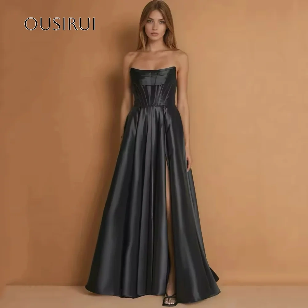 Strapless A-line Evening Dresses Split Floor Length Pleated Satin Sleeveless Customized فساتين حفلة موسيقية