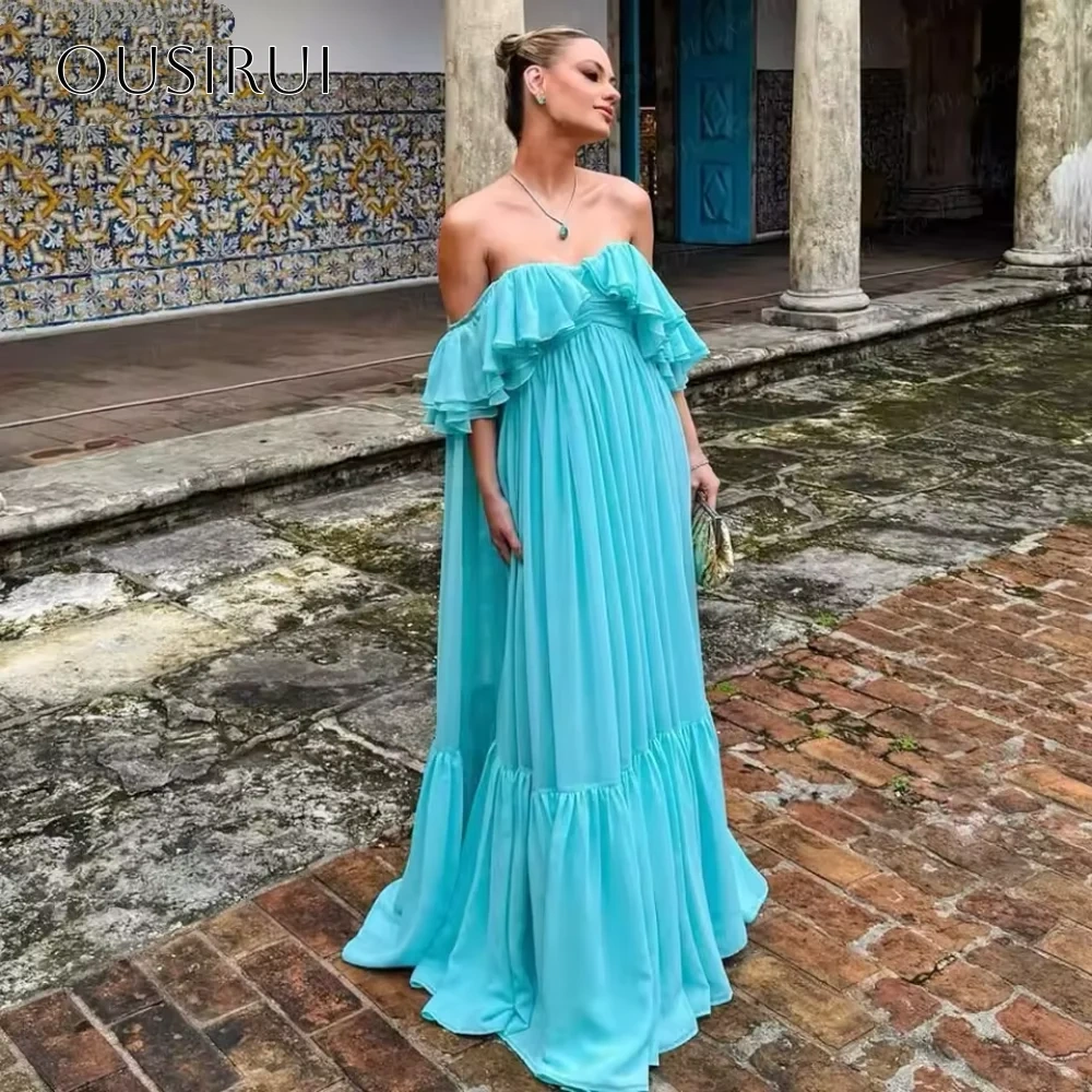 Ruffled Off Shoulder A-line Evening Dress Sleeveless Floor Length Chiffon Customized فساتين حفلة موسيقية