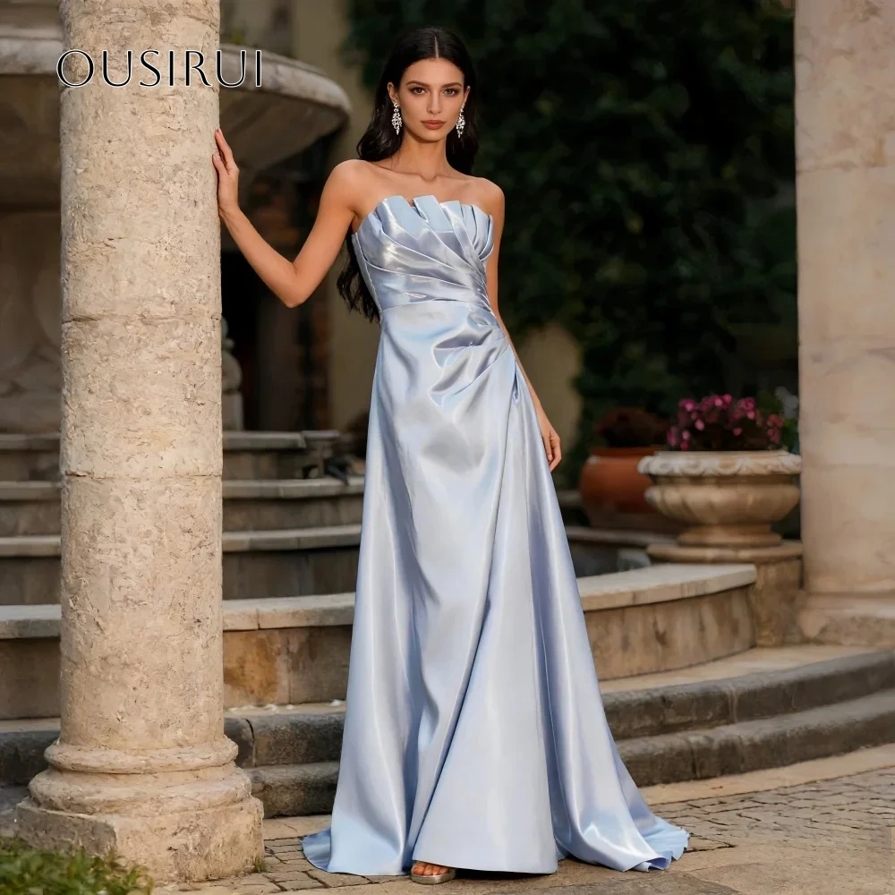 A Line Satin Strapless Long Evening Gowns Floor Length Pleated Prom Dresses Customized vestidos de fiesta