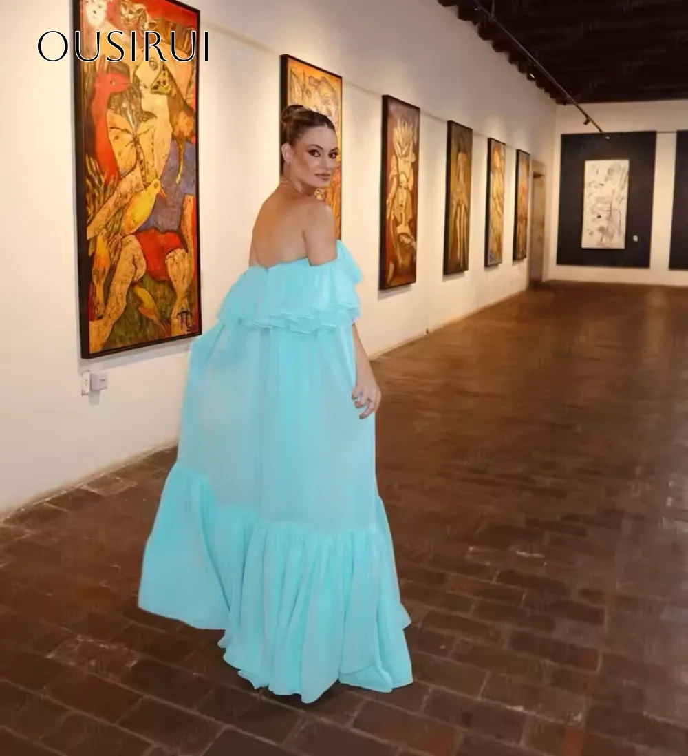 Ruffled Off Shoulder A-line Evening Dress Sleeveless Floor Length Chiffon Customized فساتين حفلة موسيقية