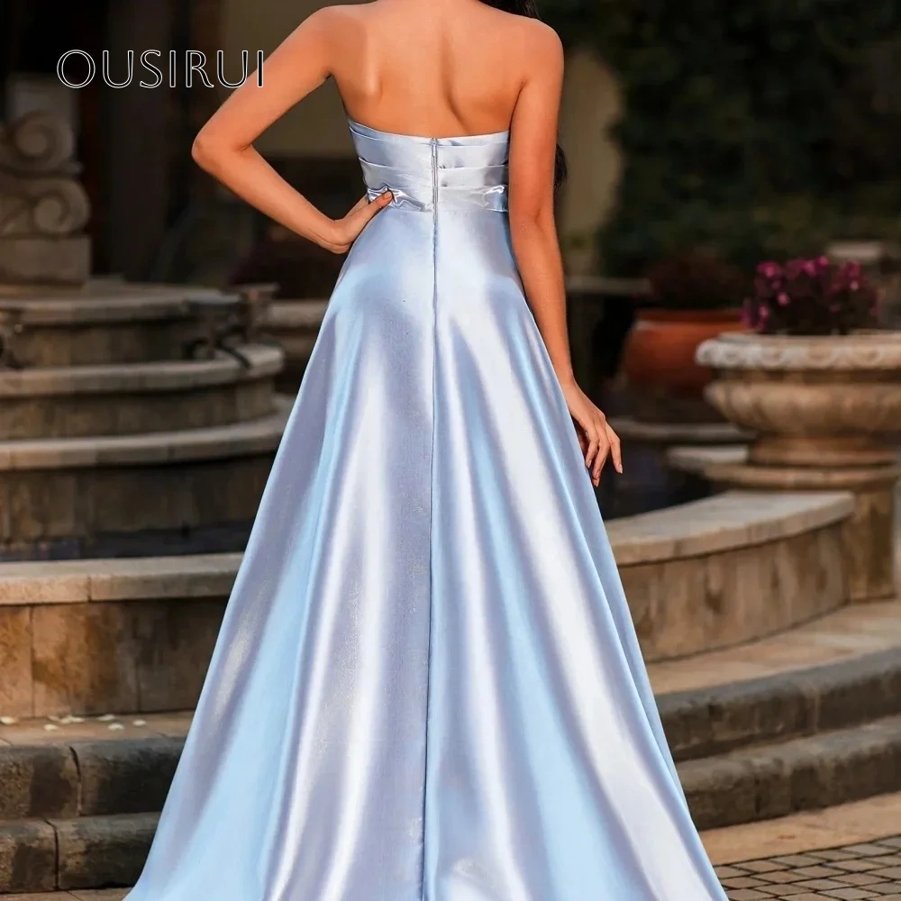 A Line Satin Strapless Long Evening Gowns Floor Length Pleated Prom Dresses Customized vestidos de fiesta