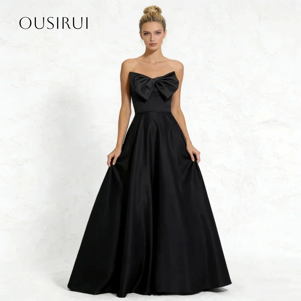 A Line Satin Strapless Bow Evening Gowns Floor Length Prom Dresses Customized vestidos de fiesta