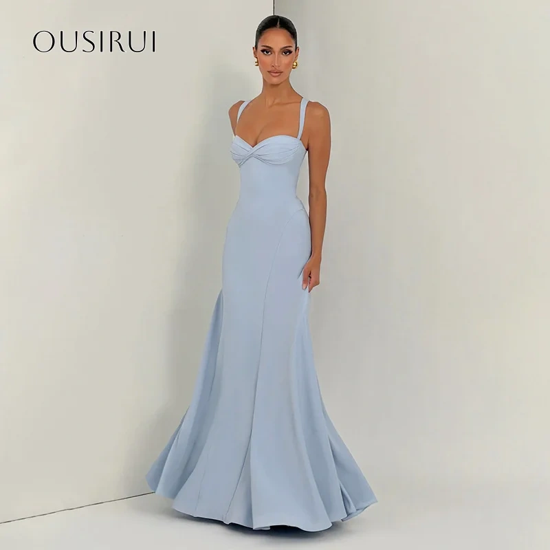 Spaghetti Straps Sheath Evening Dresses Pleated Satin Floor Length Criss-cross Sleeveless Customized