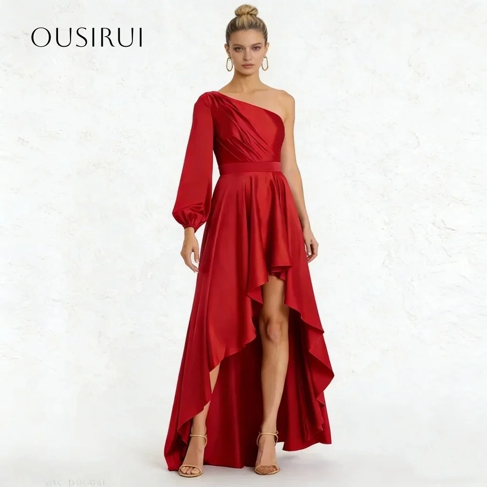 One Shoulder A-line Satin Evening Dresses Pleated High-low Long Sleeve Prom Gown Customized