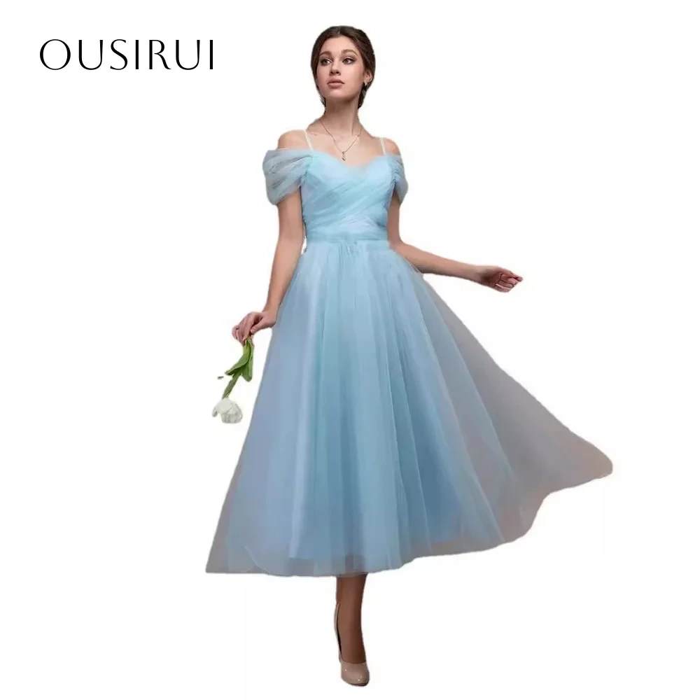 Off Shoulder A-line Evening Dresses Tea Length Corset Back Sleeveless Customized Party Gowns  فساتين ال