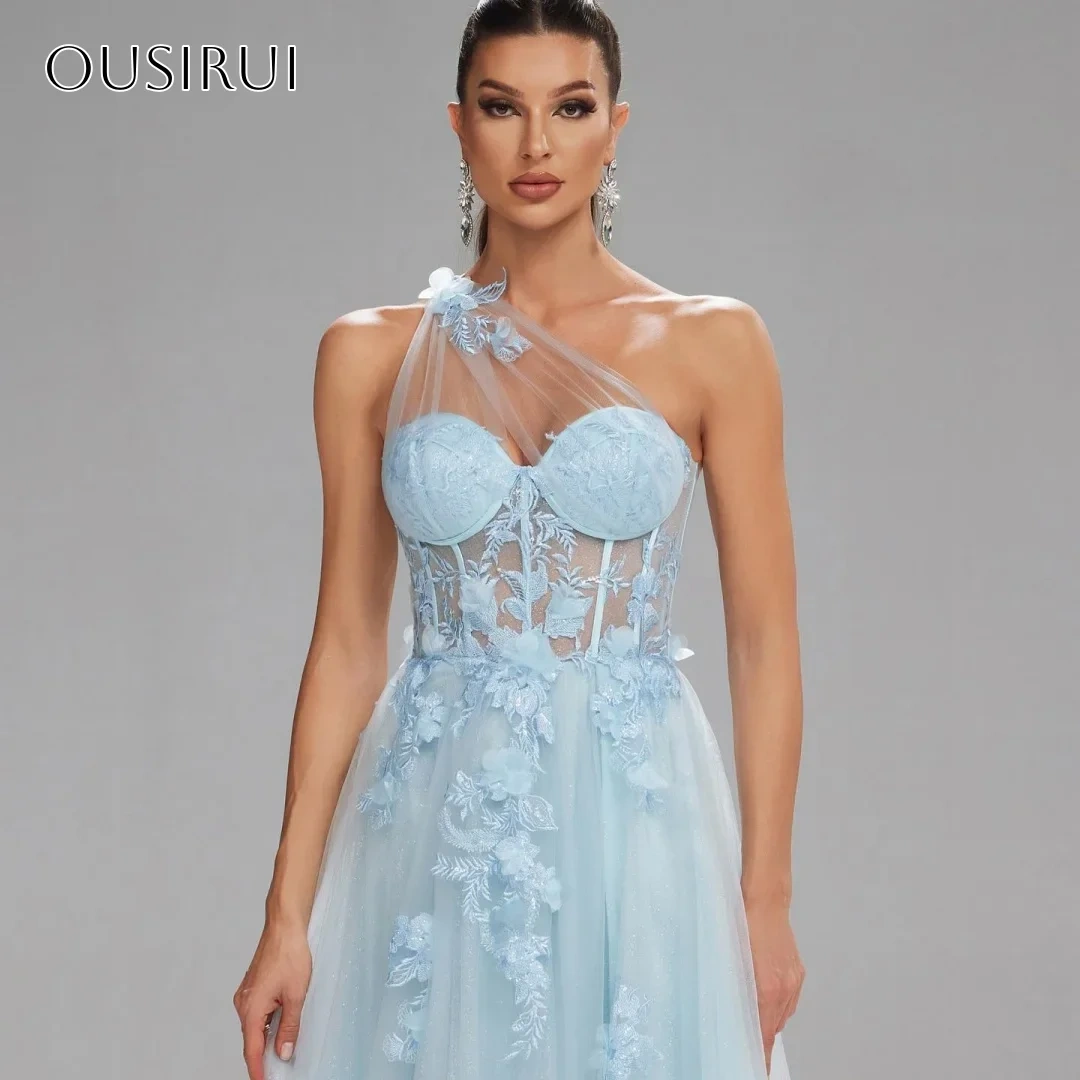 One Shoulder Lace Evening Dresses A-line Sleeveless Split Tulle Sweep Train Customized vestidos de fiesta